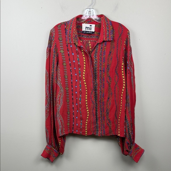 RARE Mii au cinema Red Chain Pattern print long sleeve silk blouse Shirt small - Picture 2 of 12